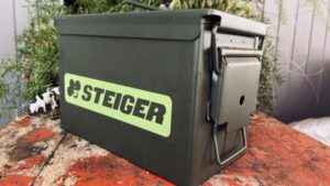 Vintage Steiger Tractor Logo Metal .50 Cal Ammo Box | IH Case John Deere Oil